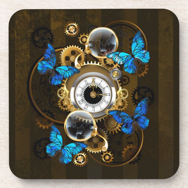 Steampunk Gears and Blue Butterflies Coaster (Front)