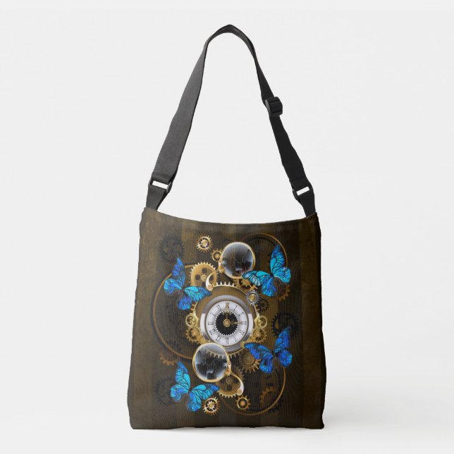 Steampunk Gears and Blue Butterflies Crossbody Bag (Front)