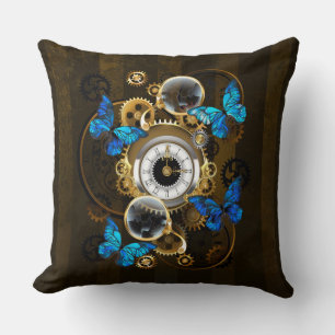 Steampunk Gears and Blue Butterflies Cushion