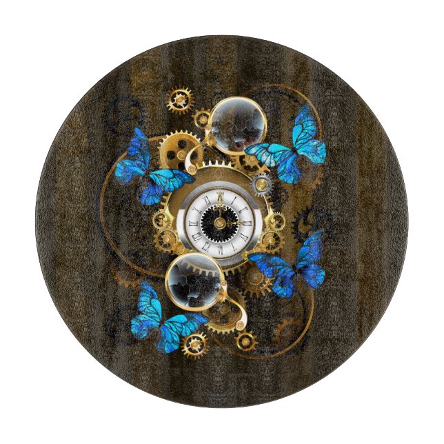 Steampunk Gears and Blue Butterflies Cutting Board (Front)