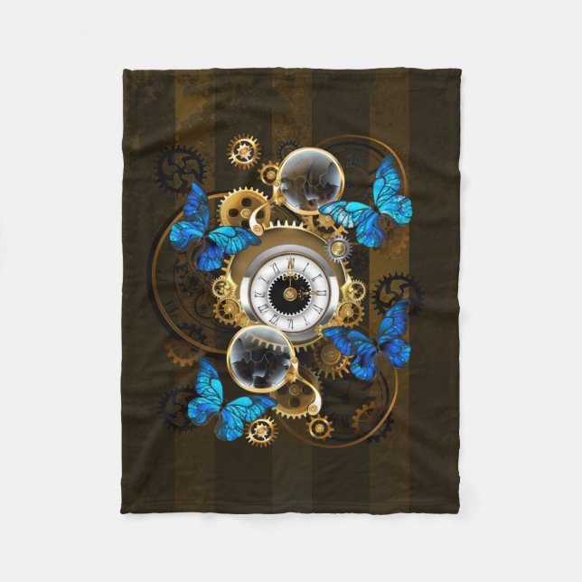 Steampunk Gears and Blue Butterflies Fleece Blanket (Front)