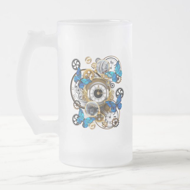 Steampunk Gears and Blue Butterflies Frosted Glass Beer Mug (Left)