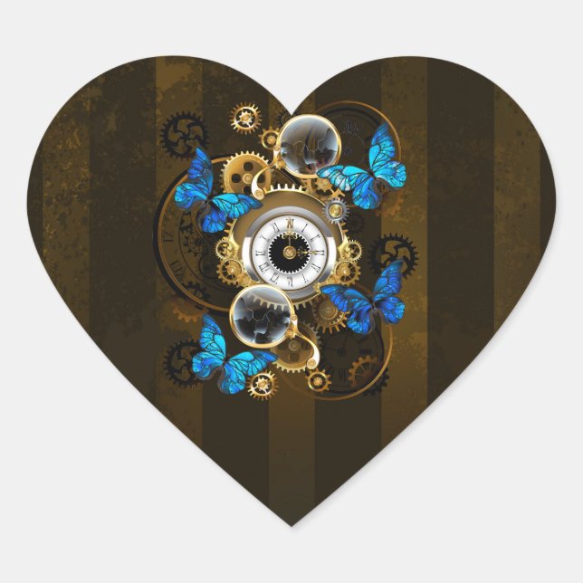 Steampunk Gears and Blue Butterflies Heart Sticker (Front)