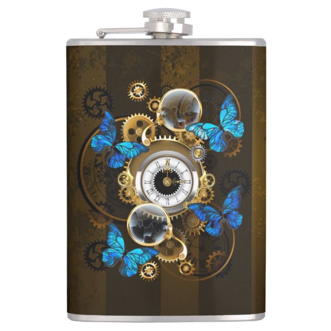 Steampunk Gears and Blue Butterflies Hip Flask (Front)