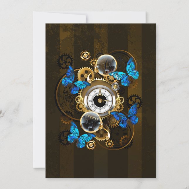 Steampunk Gears and Blue Butterflies Holiday Card (Front)