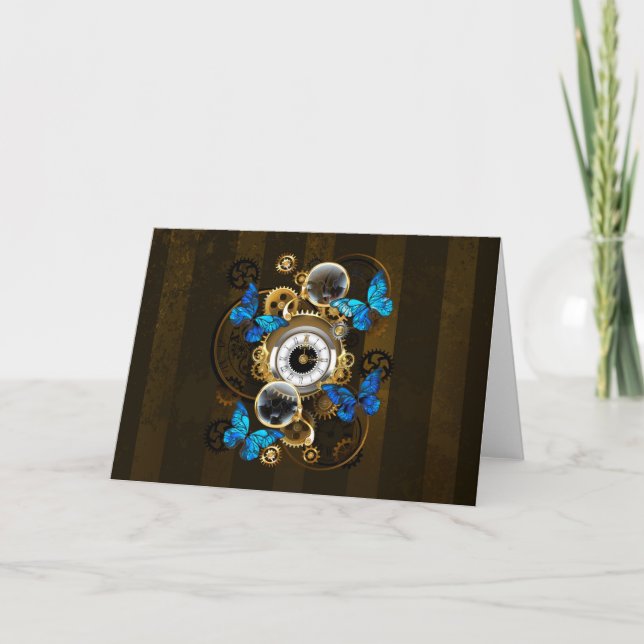 Steampunk Gears and Blue Butterflies Holiday Card (Front)
