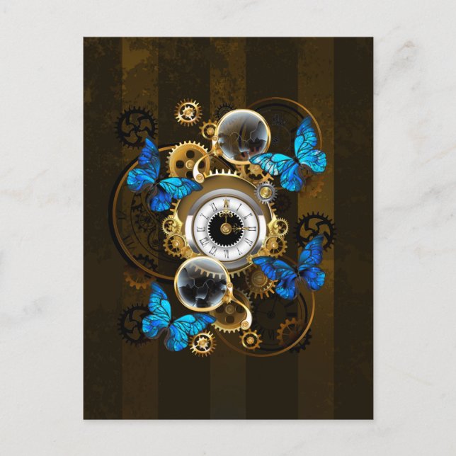Steampunk Gears and Blue Butterflies Holiday Postcard (Front)