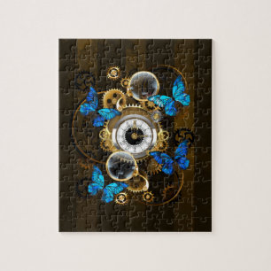 Steampunk Gears and Blue Butterflies Jigsaw Puzzle