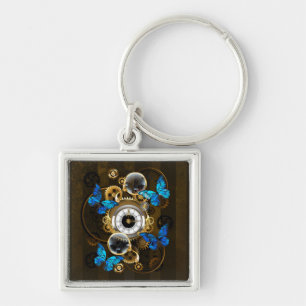 Steampunk Gears and Blue Butterflies Key Ring