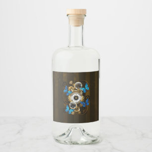Steampunk Gears and Blue Butterflies Liquor Bottle Label