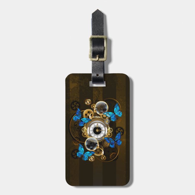 Steampunk Gears and Blue Butterflies Luggage Tag (Front Vertical)
