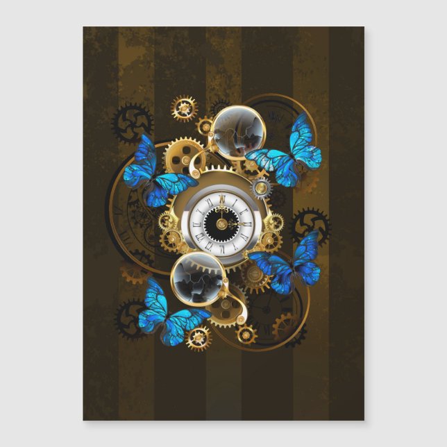 Steampunk Gears and Blue Butterflies Magnetic Invitation (Front)