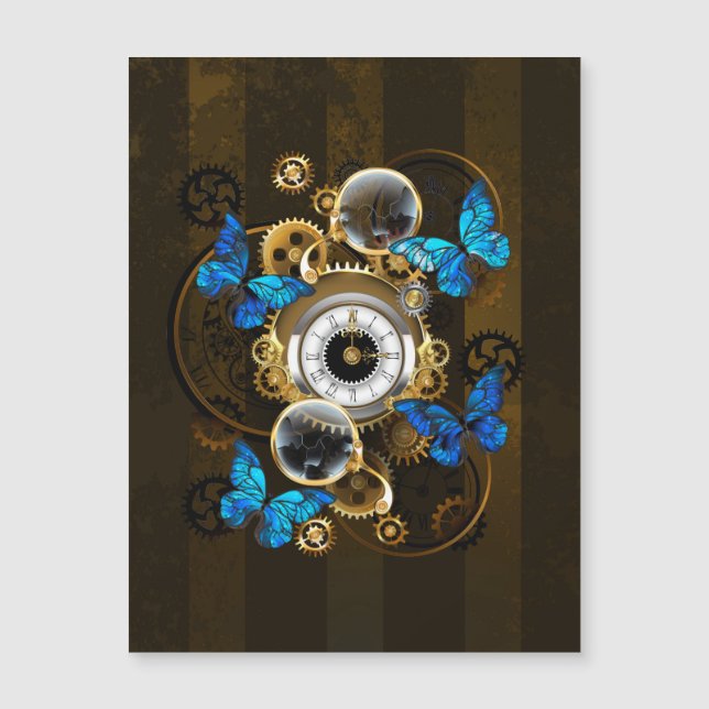 Steampunk Gears and Blue Butterflies Magnetic Invitation (Front)