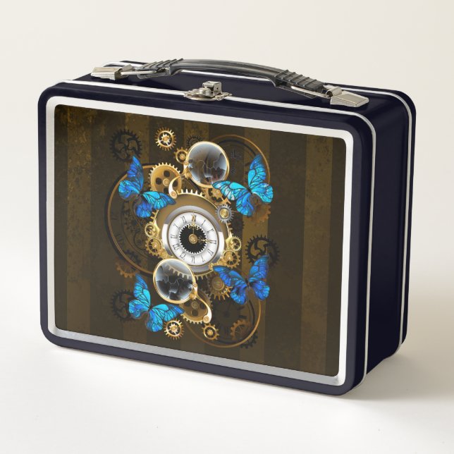 Steampunk Gears and Blue Butterflies Metal Lunch Box (Front)