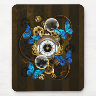 Steampunk Gears and Blue Butterflies Mouse Pad