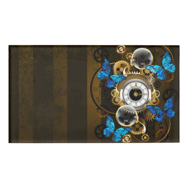 Steampunk Gears and Blue Butterflies Name Tag (Front)