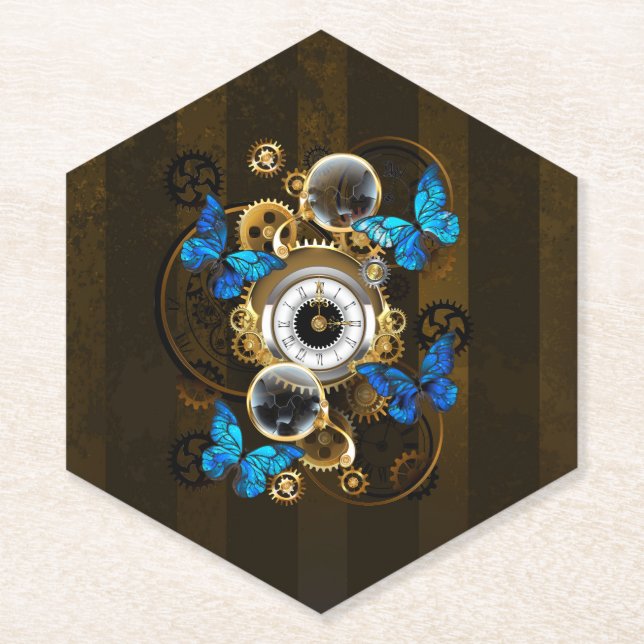 Steampunk Gears and Blue Butterflies Paper Coaster (Front)