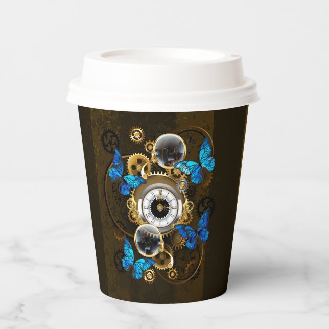 Steampunk Gears and Blue Butterflies Paper Cups (Front)