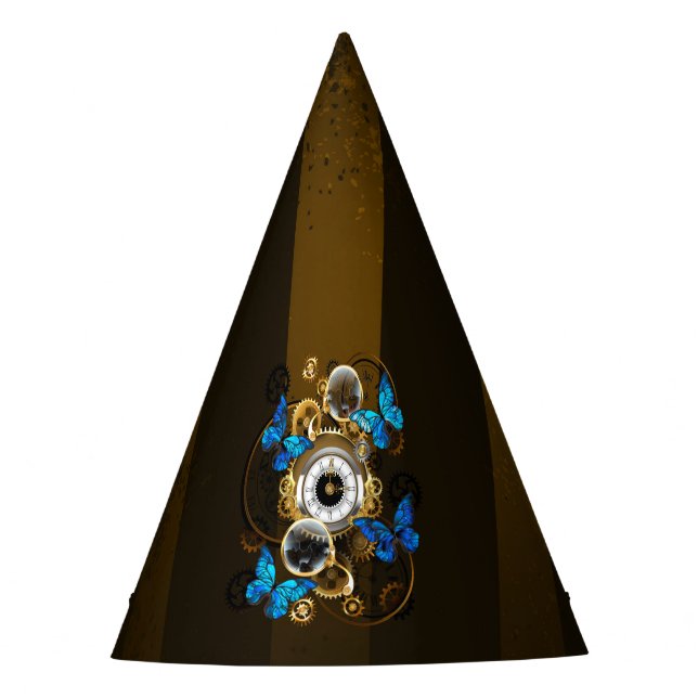 Steampunk Gears and Blue Butterflies Party Hat (Front)