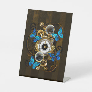 Steampunk Gears and Blue Butterflies Pedestal Sign