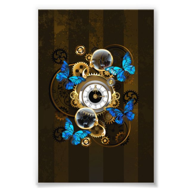 Steampunk Gears and Blue Butterflies Photo Print (Front)