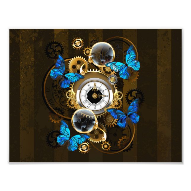 Steampunk Gears and Blue Butterflies Photo Print (Front)