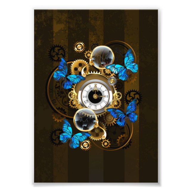 Steampunk Gears and Blue Butterflies Photo Print (Front)