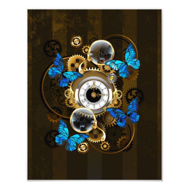 Steampunk Gears and Blue Butterflies Photo Print (Front)