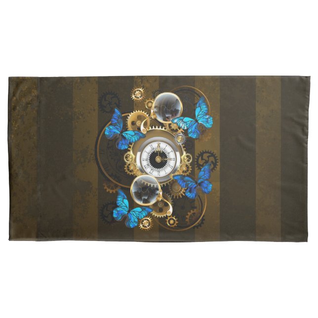 Steampunk Gears and Blue Butterflies Pillowcase (Front)