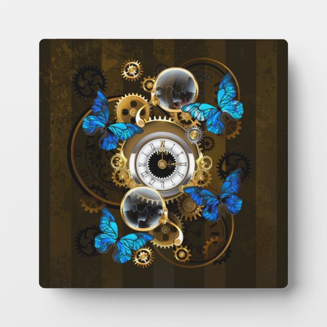 Steampunk Gears and Blue Butterflies Plaque (Front)