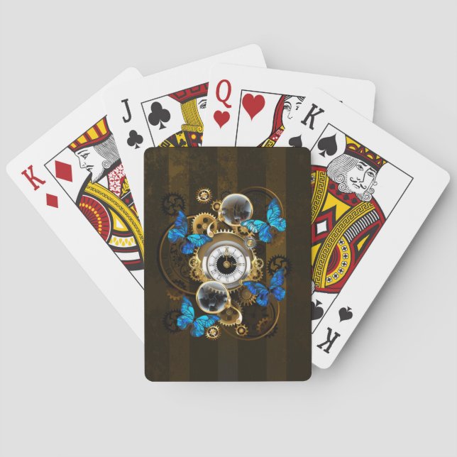 Steampunk Gears and Blue Butterflies Playing Cards (Back)