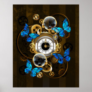 Steampunk Gears and Blue Butterflies Poster
