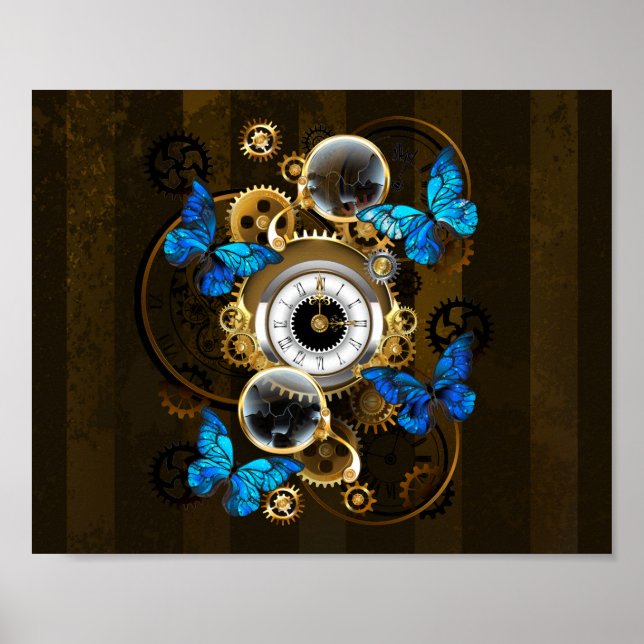 Steampunk Gears and Blue Butterflies Poster (Front)