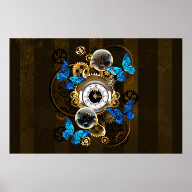 Steampunk Gears and Blue Butterflies Poster (Front)