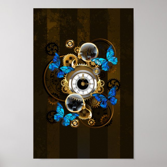 Steampunk Gears and Blue Butterflies Poster (Front)