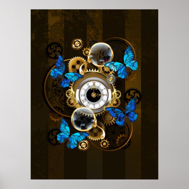 Steampunk Gears and Blue Butterflies Poster (Front)