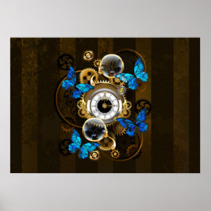 Steampunk Gears and Blue Butterflies Poster