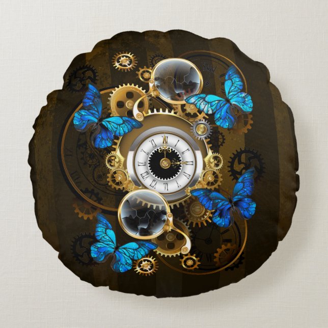 Steampunk Gears and Blue Butterflies Round Cushion (Front)