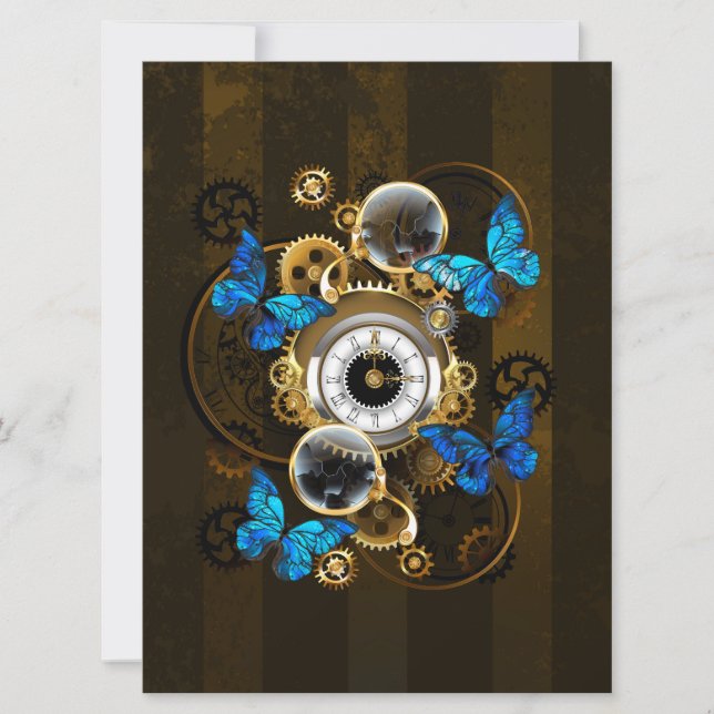 Steampunk Gears and Blue Butterflies Save The Date (Front)