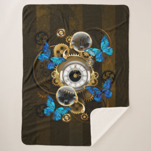 Steampunk Gears and Blue Butterflies Sherpa Blanket