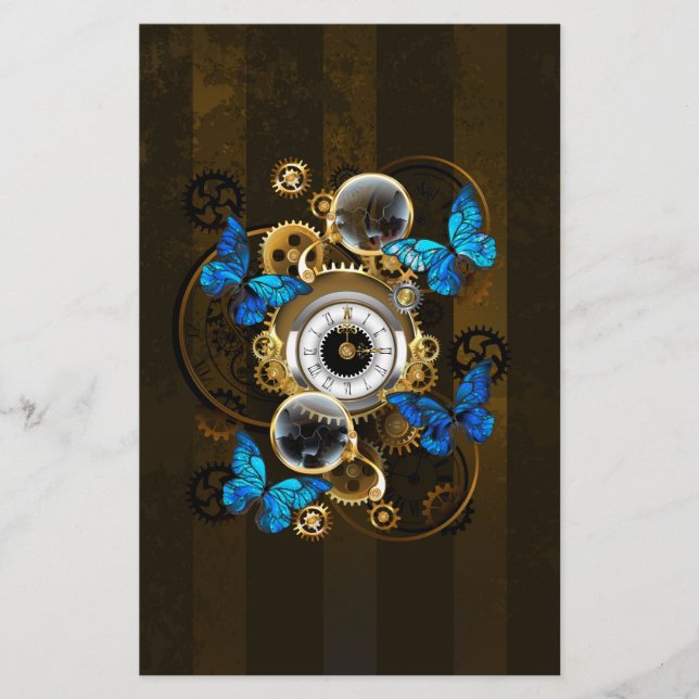 Steampunk Gears and Blue Butterflies Stationery (Front)