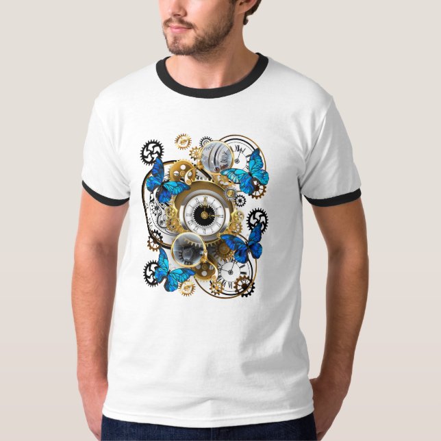 Steampunk Gears and Blue Butterflies T-Shirt (Front)