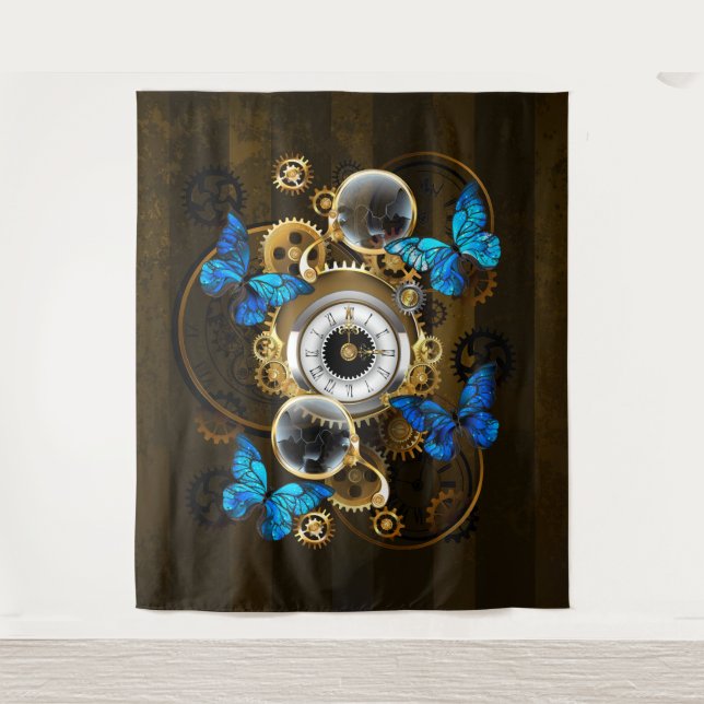 Steampunk Gears and Blue Butterflies Tapestry (Front)