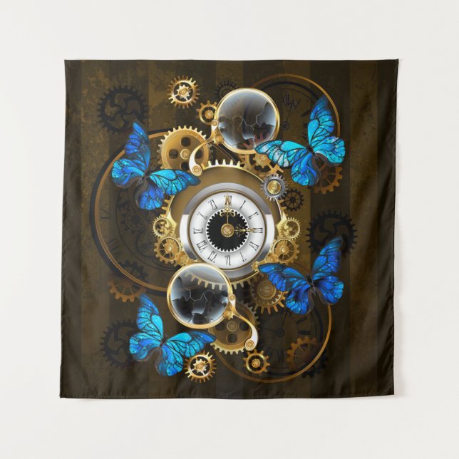 Steampunk Gears and Blue Butterflies Tapestry (Front)