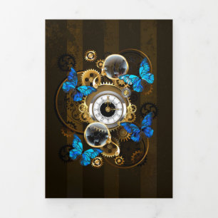 Steampunk Gears and Blue Butterflies Tri-Fold Holiday Card