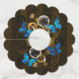 Steampunk Gears and Blue Butterflies Wine Glass Tag