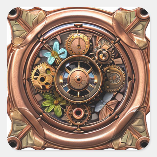 Steampunk Gears and Flowers Copper and Gold Metal Square Sticker (Front)