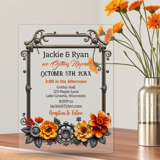 Steampunk Gears and Flowers Themed Wedding Acrylic Invitations (Creator Uploaded)
