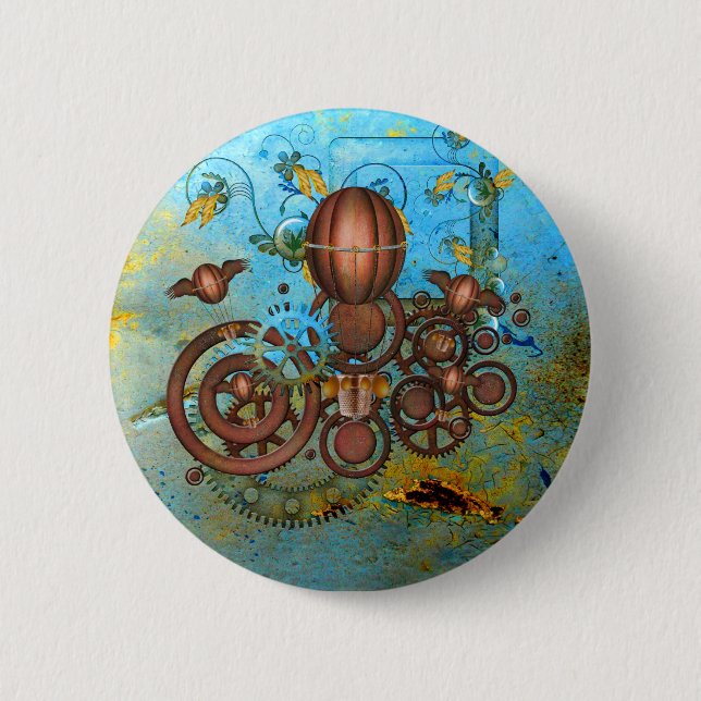 Steampunk Gears Collage Aqua Copper Button (Front)