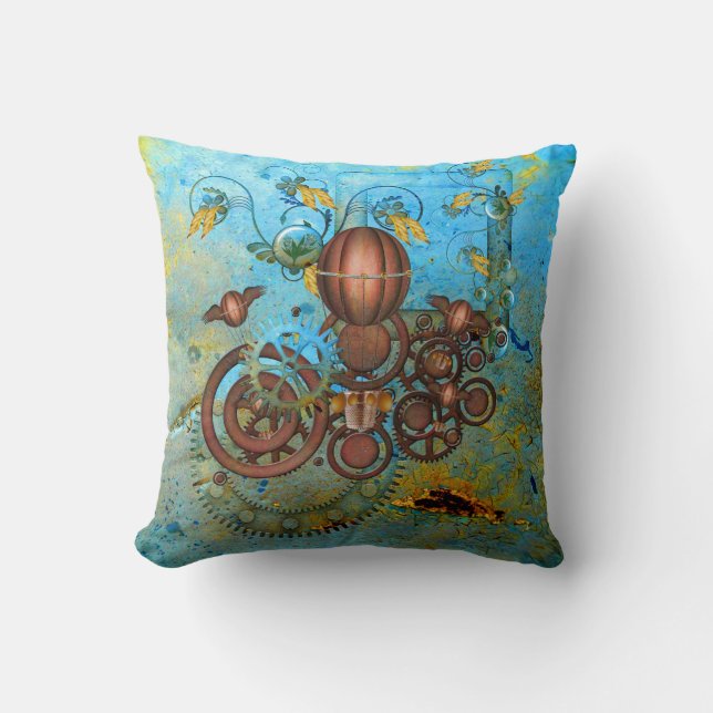 Steampunk Gears Collage Aqua Copper Throw Pillow (Front)